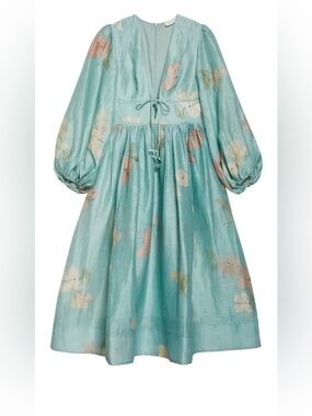 Zimmermann Drawn Metallic Floral Long Sleeve Linen & Silk Dress